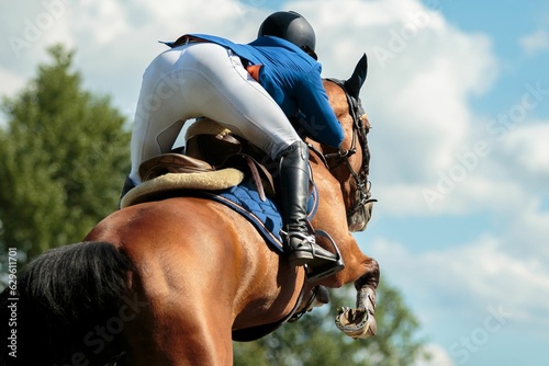 Equestrian riding a brown horse. © Marcin Kilarski/Wirestock Creators