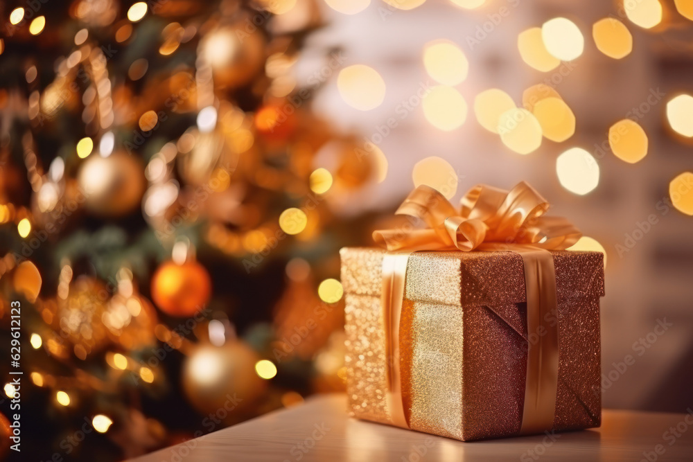 Gift box and christmas tree background. Generative ai. Gift box and christmas tree background. Generative ai.