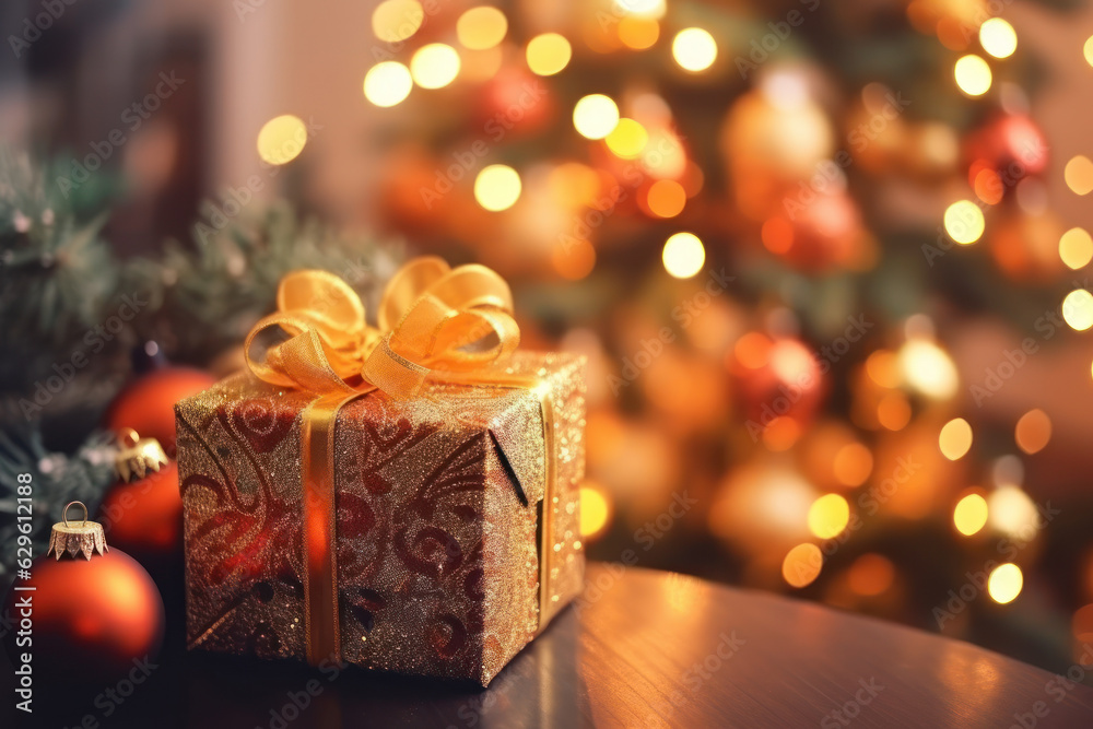 Gift box and christmas tree background. Generative ai. Gift box and christmas tree background. Generative ai.