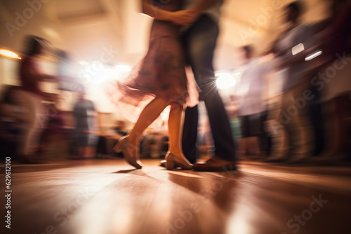 Distant image of a couple people dancing on a dance floor, swing dancing, blurry, out of focus
