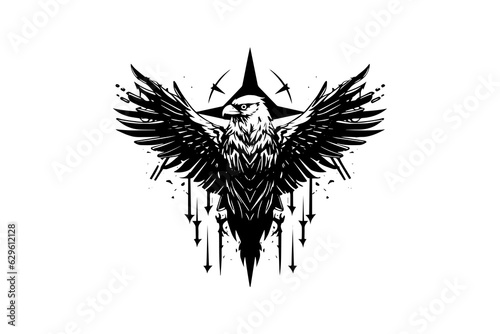 Flying eagle logotype mascot in engraving style. Vector illustration of sign or mark.
