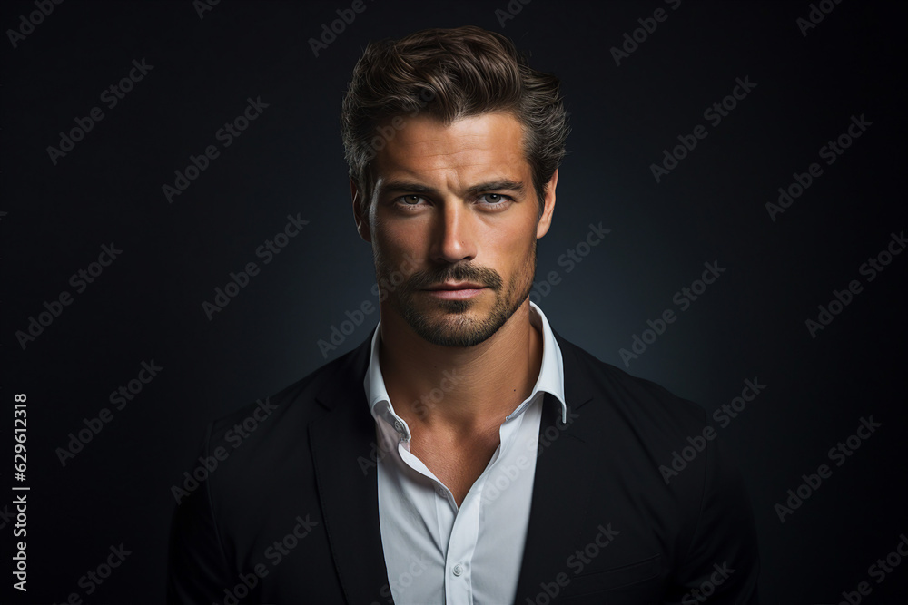Generative ai collage portrait of elegant man boss model in stylish trend suit looking in camera Generative ai collage portrait of elegant man boss model in stylish trend suit looking in camera