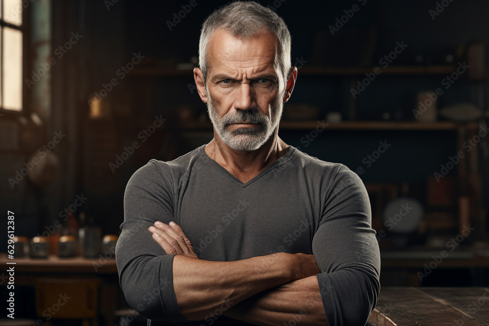 Generative ai collage of strict serious worker repairman stand in garage crossing arms Generative ai collage of strict serious worker repairman stand in garage crossing arms
