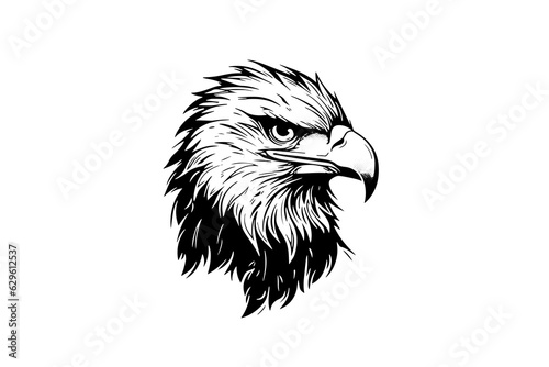 Eagle head logotype mascot in engraving style. Vector illustration of sign or mark.