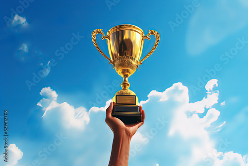 The winner holds the trophy high. AI technology generated image