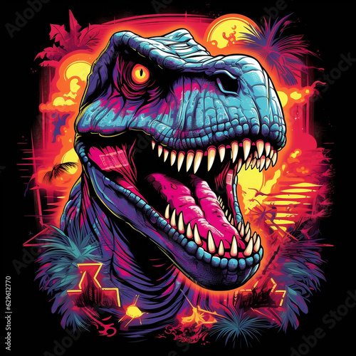 A neon dinosaur with a retro-inspired shirt design that mimics the aesthetics of vintage neon signs