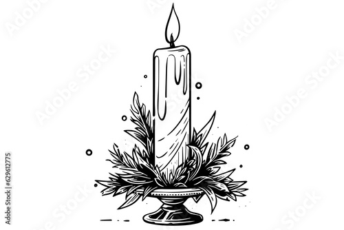 Thick christmas candles burning. Hand drawn sketch engraving style vector illustration.