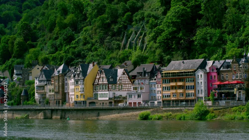 Old town with the Imperial Castle on the Moselle, beautiful medieval Cochem town with half-timbered houses and vineyards. Cochem, Rhineland-Palatinate, Germany, Europe, July 2019 Old town with the Imperial Castle on the Moselle, beautiful medieval Cochem town with half-timbered houses and vineyards. Cochem, Rhineland-Palatinate, Germany, Europe, July 2019