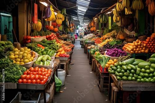 Fruits and vegetables in agricultural markets. AI technology generated image