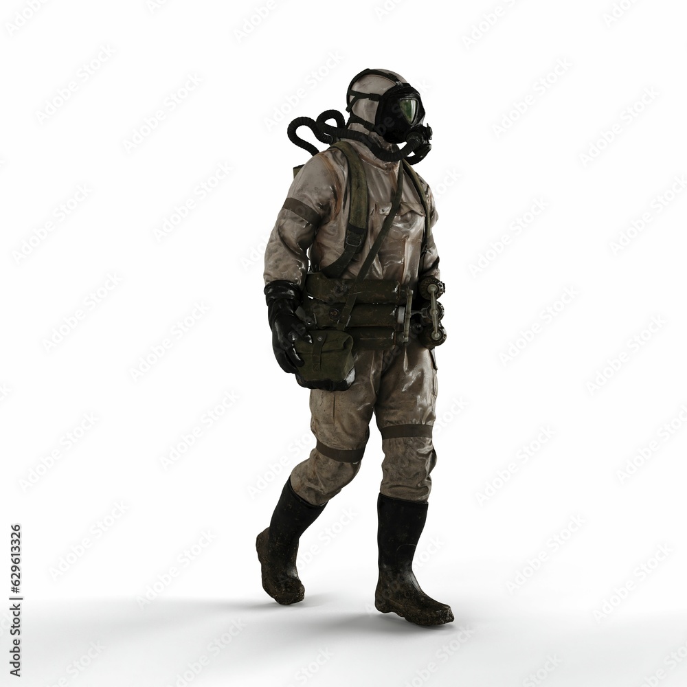 A 3d rendering of a person wearing a gas suit walking on a white background A 3d rendering of a person wearing a gas suit walking on a white background