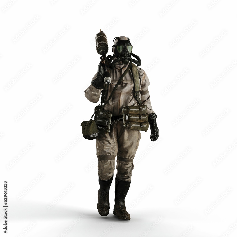 a 3d man with a weapon and gas mask standing against a white background