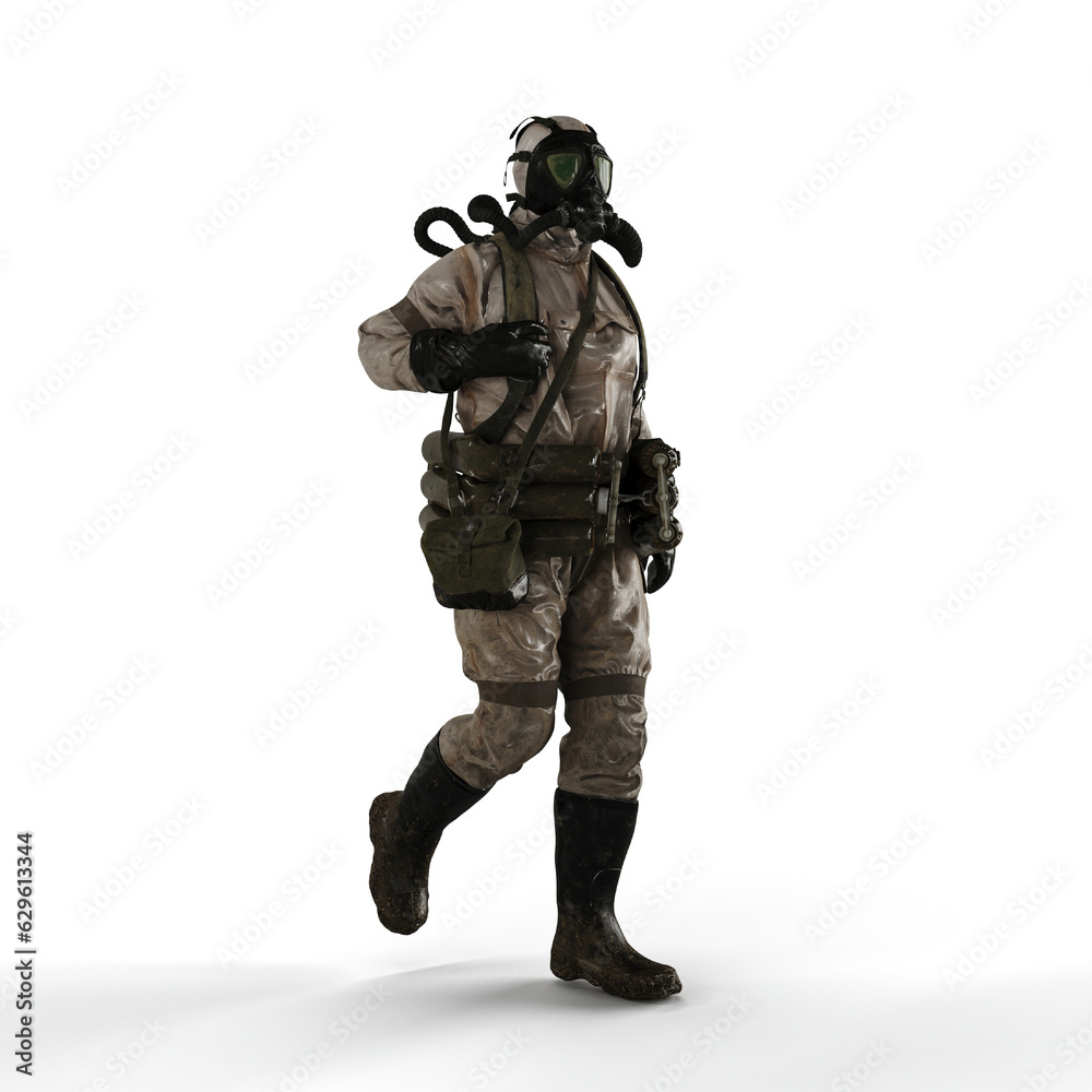 A 3d rendering of a person wearing a gas suit walking on a white background A 3d rendering of a person wearing a gas suit walking on a white background