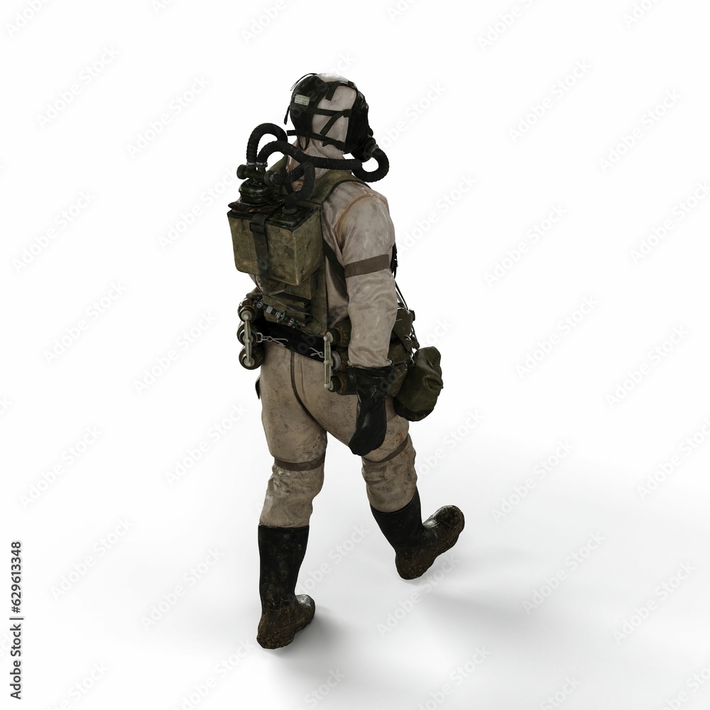A 3d rendering of a person wearing a gas suit walking on a white background A 3d rendering of a person wearing a gas suit walking on a white background