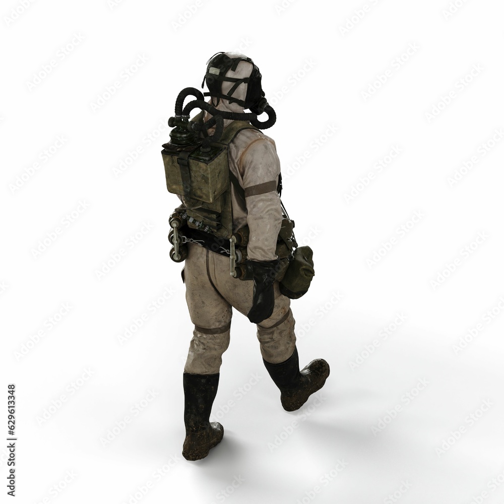 A 3d rendering of a person wearing a gas suit walking on a white background