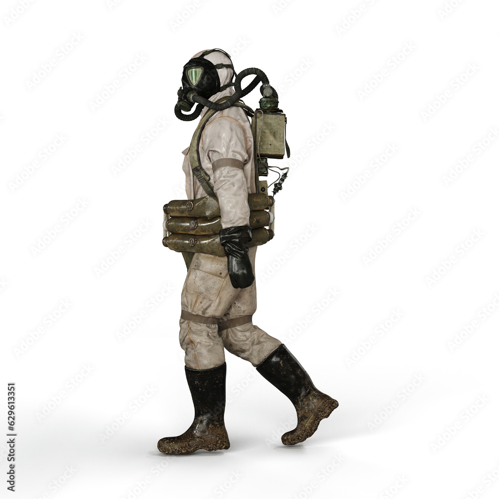 A 3d rendering of a person wearing a gas suit walking on a white background A 3d rendering of a person wearing a gas suit walking on a white background