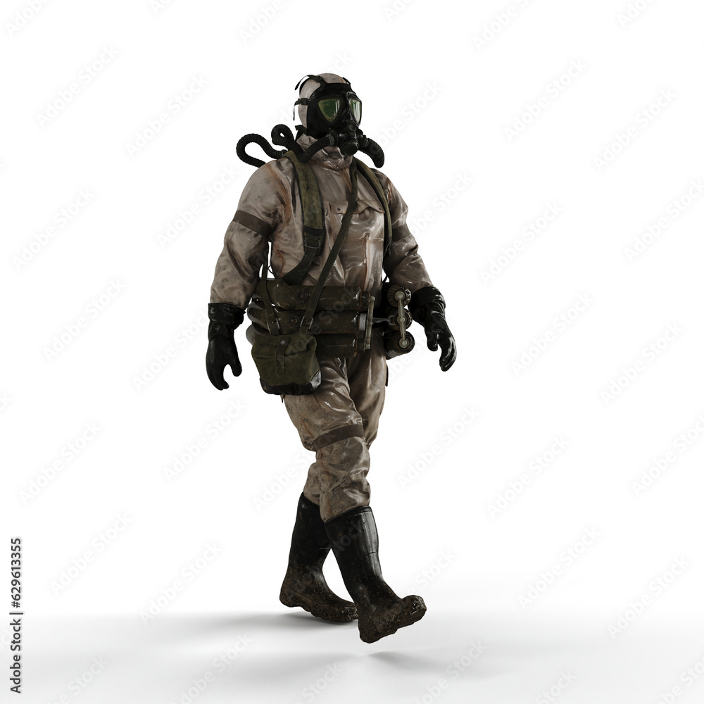 A 3d rendering of a person wearing a gas suit walking on a white background A 3d rendering of a person wearing a gas suit walking on a white background