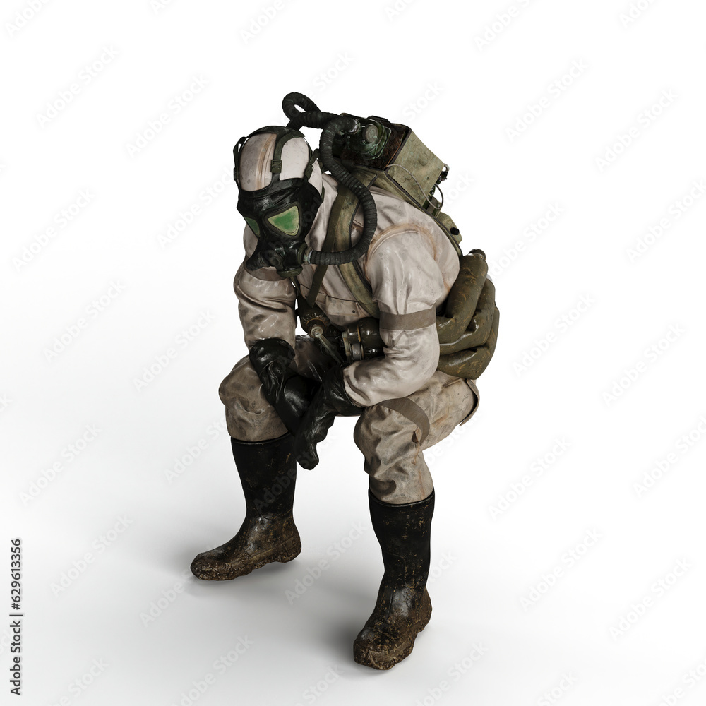 A 3d rendering of a person wearing a gas mask sitting on a white background A 3d rendering of a person wearing a gas mask sitting on a white background
