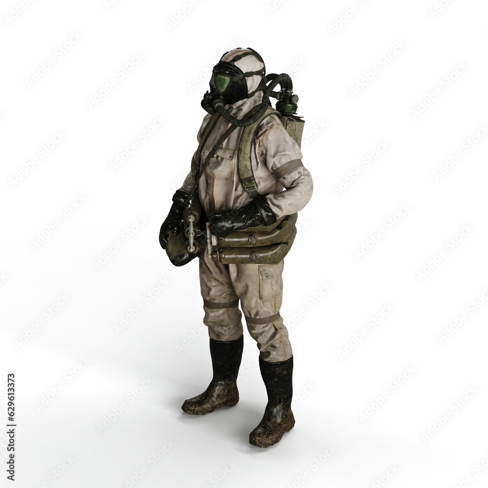 A 3d rendering of a person wearing a gas suit walking on a white background A 3d rendering of a person wearing a gas suit walking on a white background