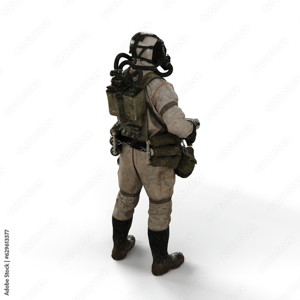 3d rendering of a person wearing a gas mask suit on a white background