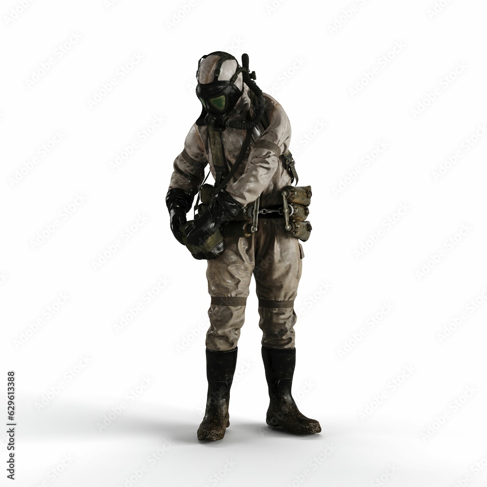 A 3d rendering of a person wearing a gas suit on a white background