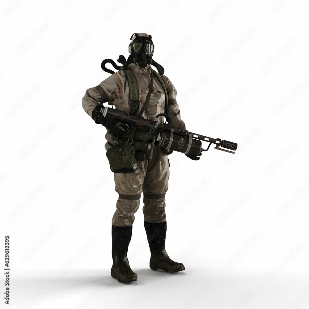 a 3d man with a weapon and gas mask standing against a white background a 3d man with a weapon and gas mask standing against a white background