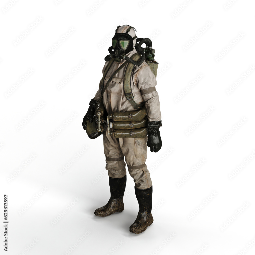 3d rendering of a person wearing a gas mask suit on a white background 3d rendering of a person wearing a gas mask suit on a white background