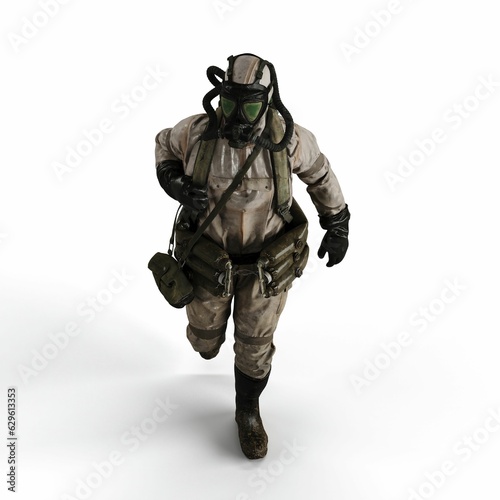 A 3d rendering of a person wearing a gas suit walking on a white background