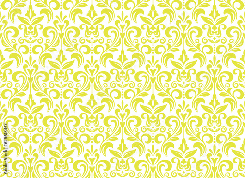 Wallpaper in the style of Baroque. Seamless vector background. White and yellow floral ornament. Graphic pattern for fabric, wallpaper, packaging. Ornate Damask flower ornament