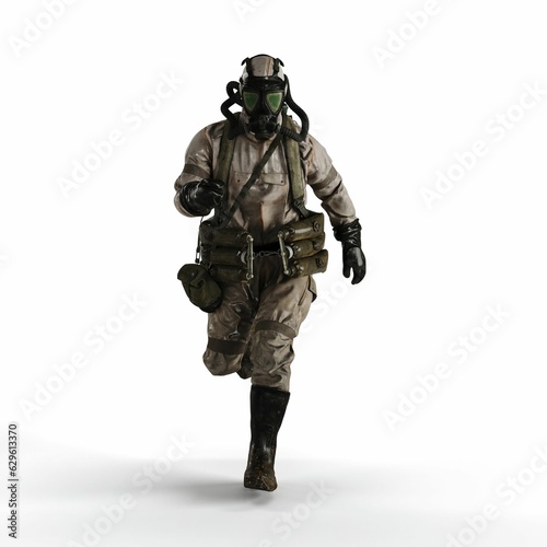 A 3d rendering of a person wearing a gas suit walking on a white background © Miklós Polgár/Wirestock Creators
