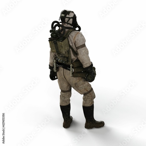 3d rendering of a person wearing a gas mask suit on a white background