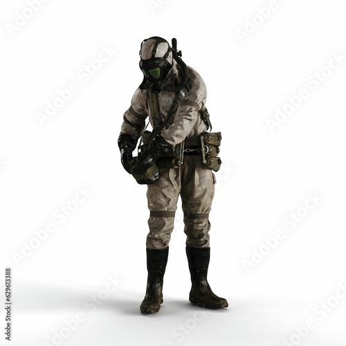 A 3d rendering of a person wearing a gas suit on a white background