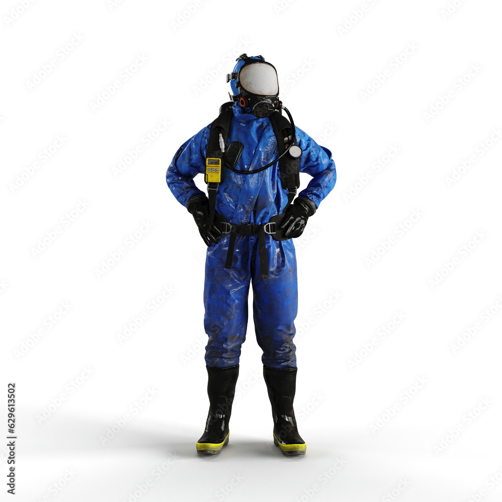 A 3d rendering of a person wearing a blue diving gear on a white background