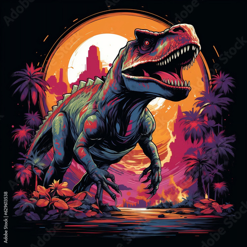 A retro-inspired shirt design featuring a neon dinosaur in a retro video game style  complete with pixel art and vibrant animations