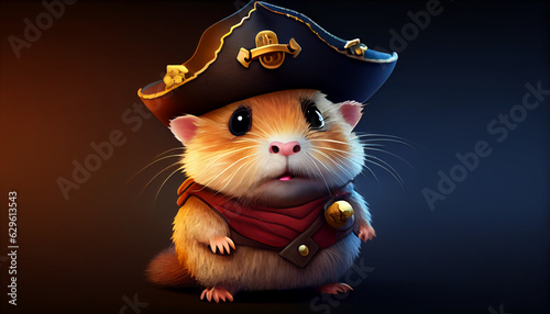 Adorable hamster with a pirate hat with cute face expression. Cartoon character, Ai generated image