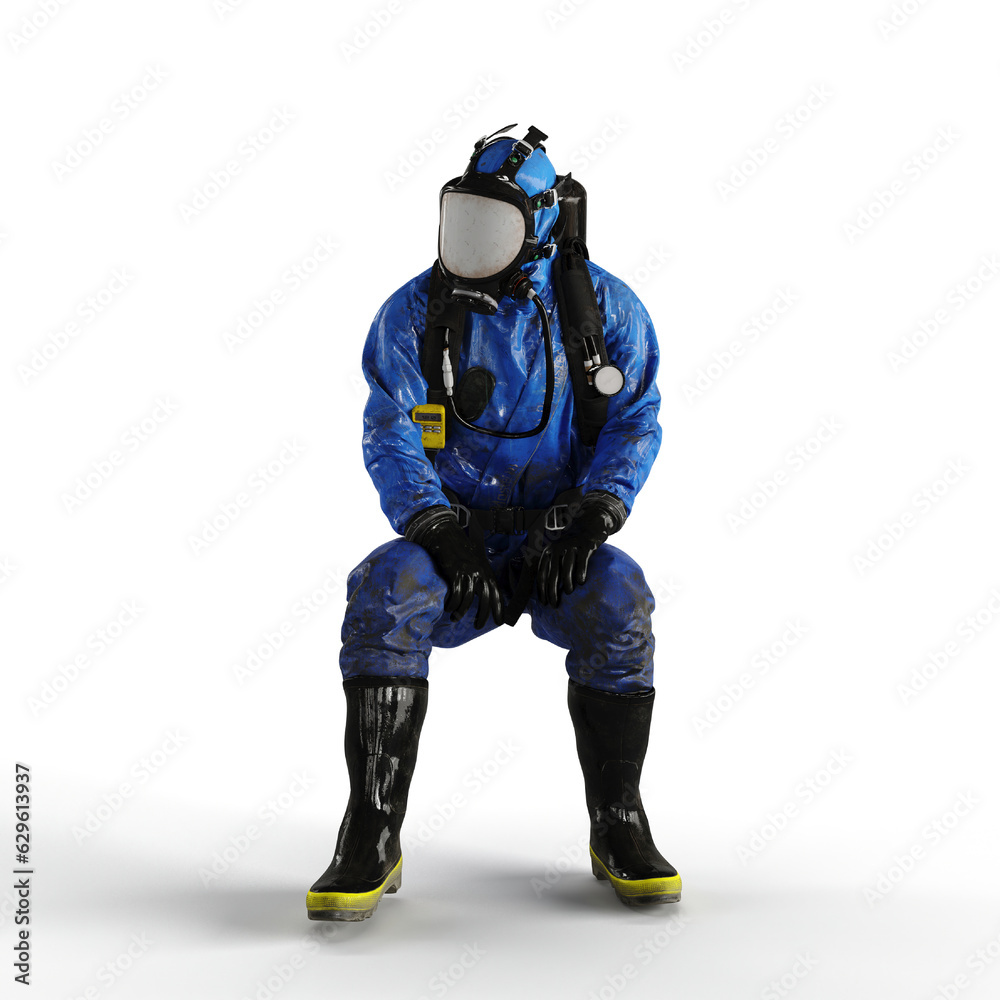 Man wearing a protective chemical suit against a white background - 3D render illustration Man wearing a protective chemical suit against a white background - 3D render illustration