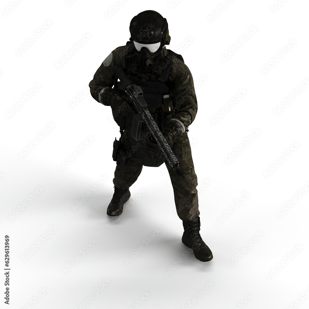 Man wearing a camouflage outfit and a gas mask, holding a rifle in his hand - 3D render Man wearing a camouflage outfit and a gas mask, holding a rifle in his hand - 3D render