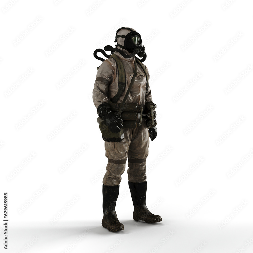 Man wearing a protective chemical suit against a white background - 3D render illustration Man wearing a protective chemical suit against a white background - 3D render illustration