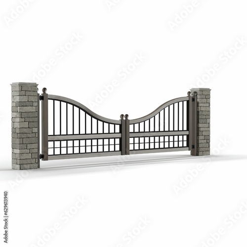 Ornate metal gate stands between two brick pillars - 3D rendering illustration