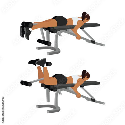 Woman doing Lying leg curls exercise. Flat vector illustration isolated on white background