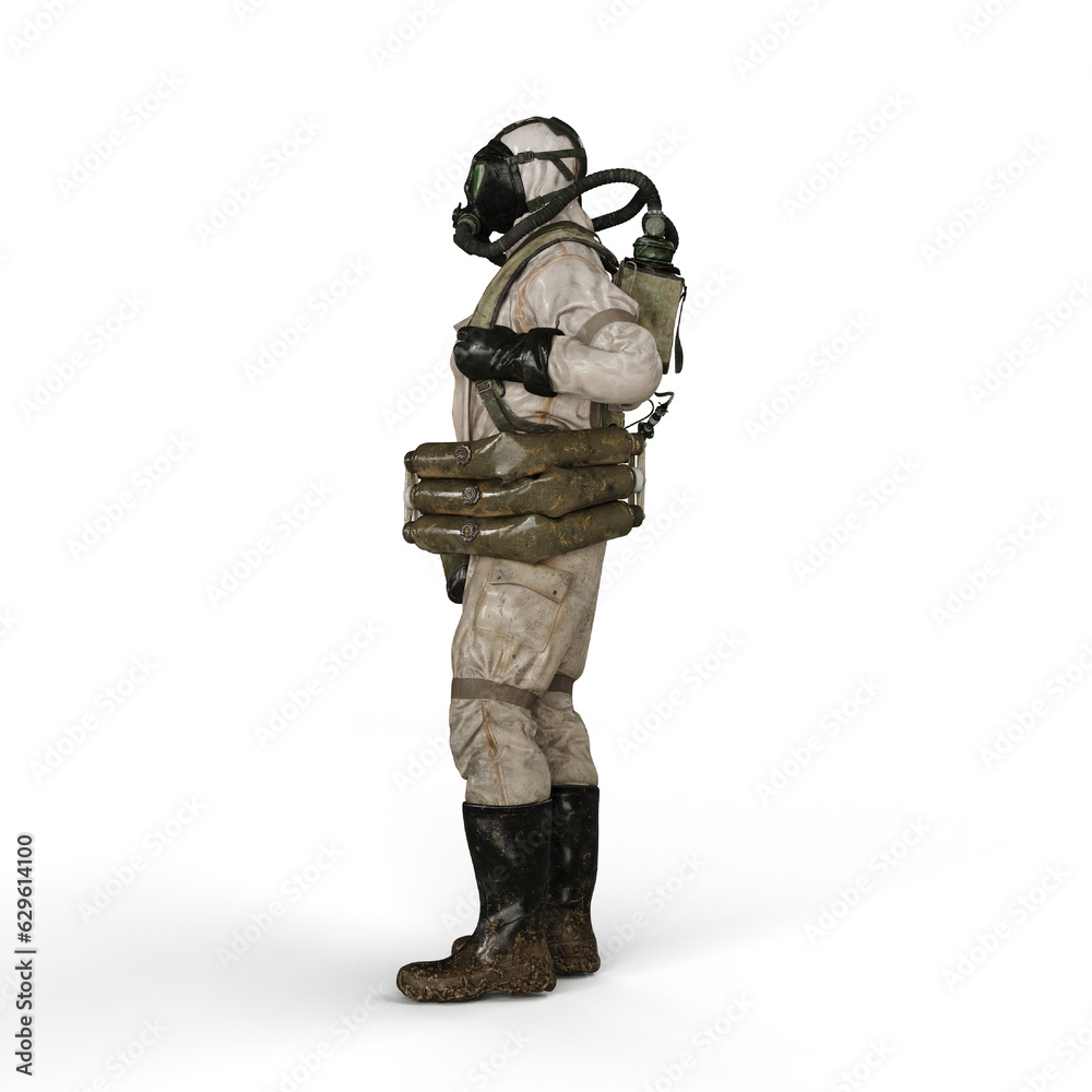 3D render illustration of a man wearing a protective chemical suit against a white background
