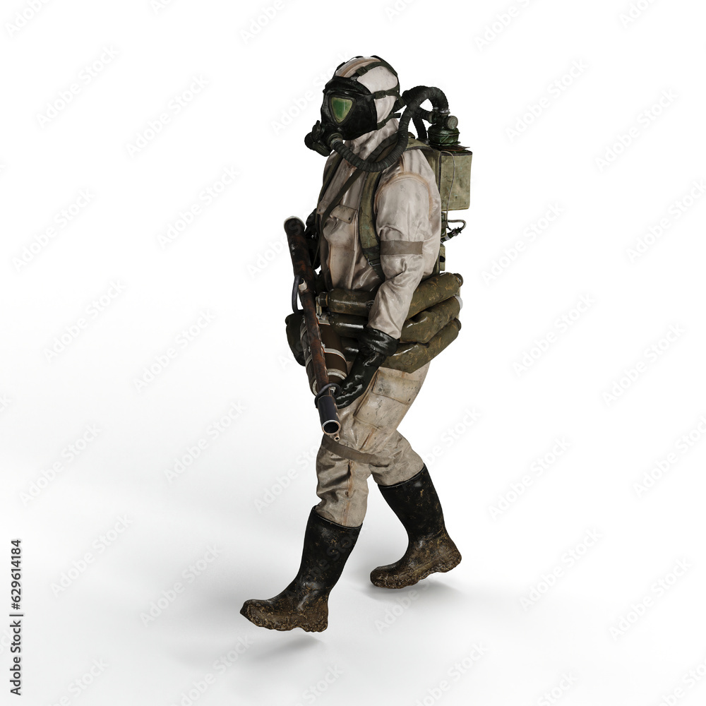 Man wearing a protective chemical suit against a white background - 3D render illustration