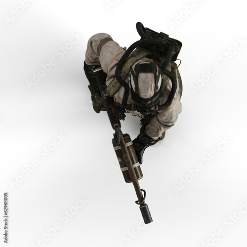 3D render illustration of a man wearing a protective chemical suit against a white background