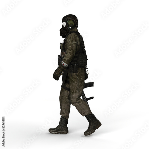 Man wearing a camouflage outfit and a gas mask, holding a rifle in his hand - 3D render © Miklós Polgár/Wirestock Creators