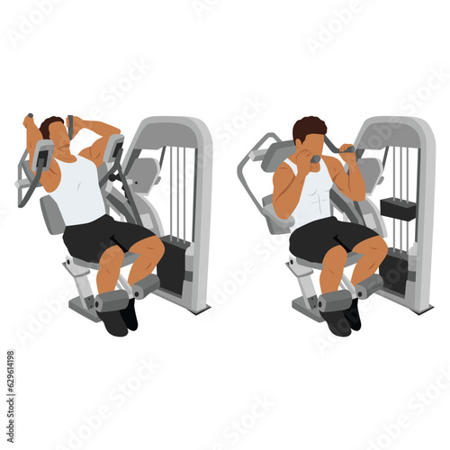 Young man exercise with abs muscles on press machine, Man working out with ab crunch machine. Flat vector illustration isolated on white background