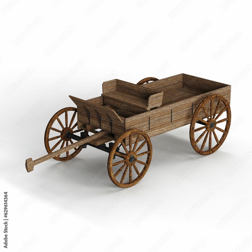 3D rendered scale model of an old wooden cart with wheels