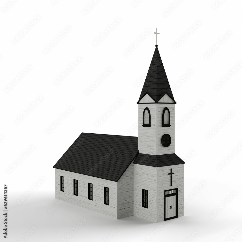 3D-rendered scale model of a traditional white church