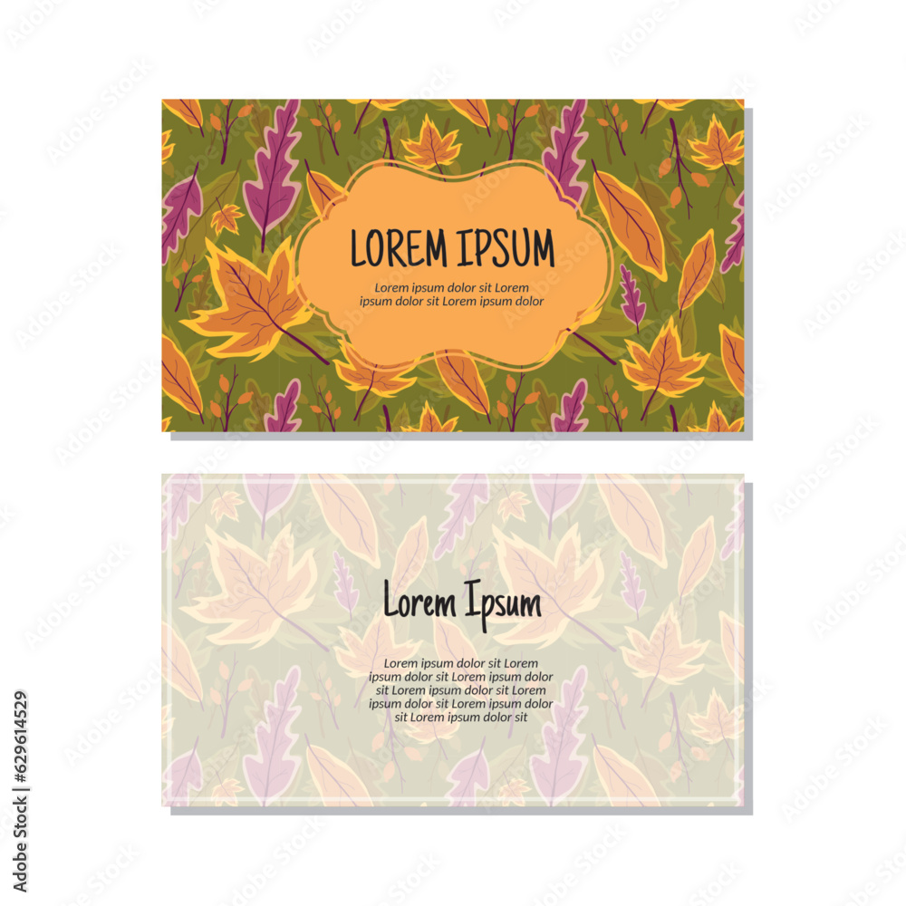 Business card template, leaf seamless pattern vector design. Double-sided creative business card template. Landscape orientation. Vector illustration.