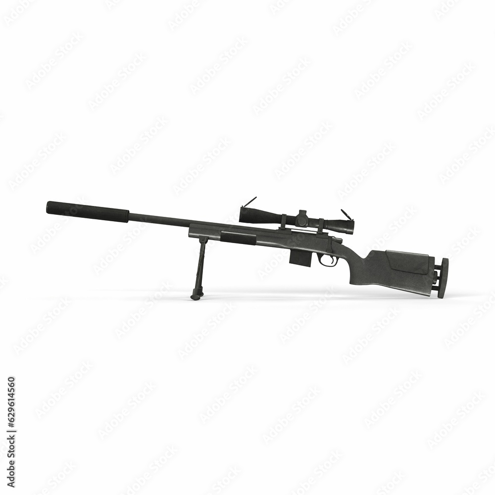 3d rendering of a modern automatic rifle with a telescopic sight on white background