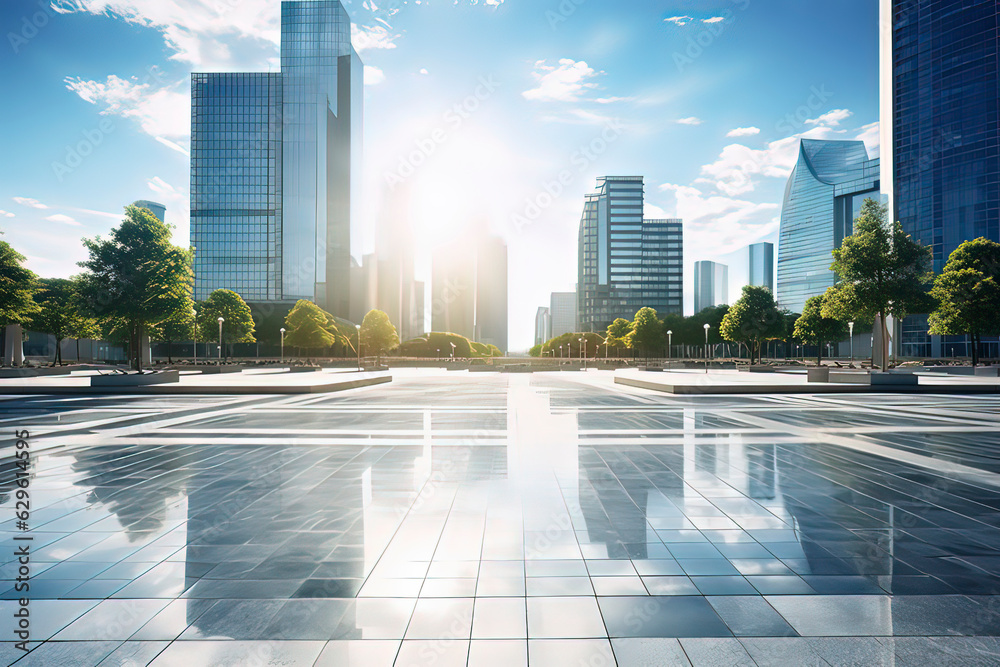 Fototapeta premium Square and urban skyline. AI technology generated image