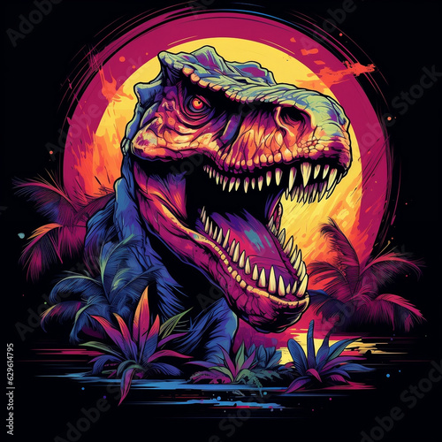 A stylized neon dinosaur with a retro-inspired shirt design that incorporates retro fonts and neon glow effects © Tina